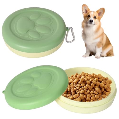 DEARBAG Travel Bowls Dog & Cat, Portable Pet Food & Water Bowl, Plastic Feeding Bowl with Lid and Carabiners, Pet Feeding Watering Dish for Outdoor Camping Hiking, Easy to Carry (380mL) (Green)