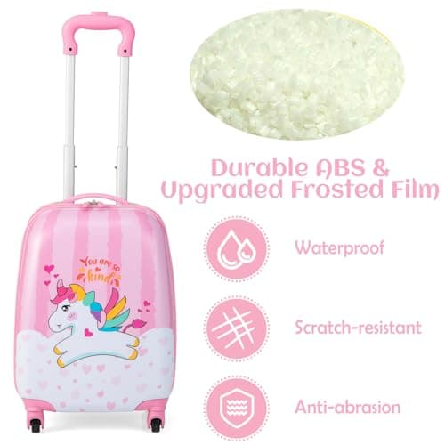 HOMFME 2 PCS Kids Luggage Set, Children Suitcase and Backpack Set with Adjustable Handle and Universal Wheels, Hard Shell Toddler Trolley Case for Travel School (12 + 16 Inch, Pink Unicorn) — view 3