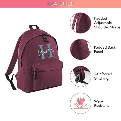 Print Maniacs Personalised Any Name Large 18L Kids Travel Backpack Junior Shoulder Collage Rucksack School Lunch Swimming P.E Laptop Book Bag (Burgundy, Teal/White) — view 4