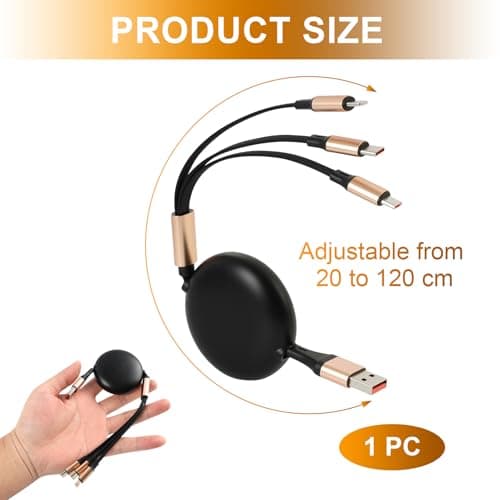 120W Retractable Multi Charger Cable 2 in 3, Fast Charging Cable USB A/C to PD/USB C/Micro B, Cord For Smartphones, Laptops, Tablets, Portable Travel Car Accessories, Tangle Free Black Gold 1.2M — view 3