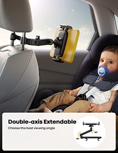 Lamicall Car Headrest Tablet Mount - [Aluminium Arm] Adjustable Car Tablet Holder, 360° Rotating Backseat Mount for Kids, for 2024 iPad Pro 13, Air 6, Mini, Tab, Phones, 4.7-13” Device - Black — view 2