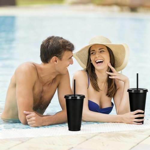 Yisituo 710ml Reusable Plastic Cups, 20 Pack Cold Cups with Lid and Straw, Tumblers Travel Mugs for Adults and Madam Party and Beach, Pool Gatherings (20, Black) — view 3