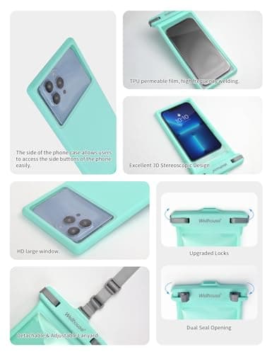wellhouse Waterproof Phone Pouch, Waterproof Phone Case for iPhone 15 14 13 12 Pro Max XS Samsung, IPX8 3D Cellphone Dry Bag Beach Essentials -Crystal Mint 1 Pack 8.0" — view 5