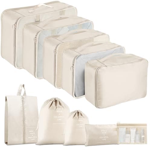 Packing Cubes for Suitcases, 10 pcs Travel Organiser Packing Bags for Clothes Shoes Toiletries Travel Luggage Organizers Storage Bags-Beige