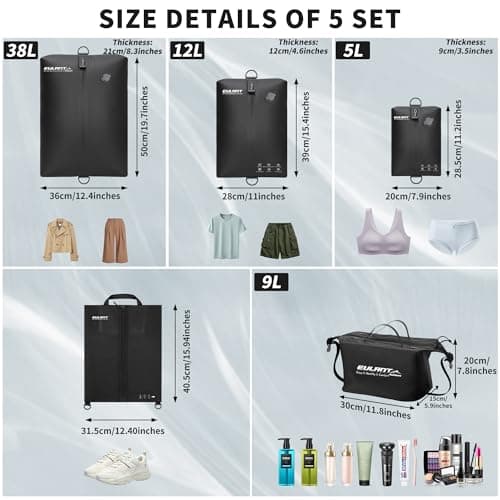 EULANT TPU Travel Vacuum Bags with Pump,Reusable Travel Pack Vacuum Kit W/ IPX8 Zip,Waterproof Space Saver Bag for Suitcases/Backpack,3x TPU Compression Packing Cube + 1x Shoe Bag + 1x Dry Bag,Black — view 3