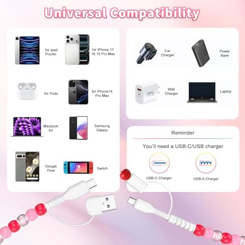 SEUMOO USB C Multi Charger Cable 1M 4 in1 USB A to USB C Charging Cable 66W Type C Fast Charging Cable Cute Beaded USB Phone Charger for Girls Women for iPhone 17 Air 16 15 Plus 14 Pro Max, Pink — view 6