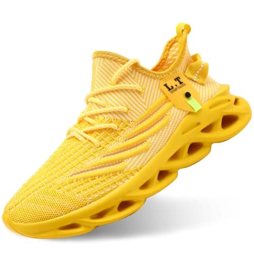 XKOWUO Mens Womens Trainers Walking Running Shoes Non Slip Gym Slip On Tennis Trainers Outdoor Sports Sneakers Lightweight Workout Shoes Yellow Size 11.5