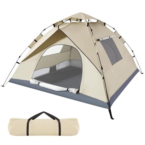Y.H BLISSHAVEN 3-4 Person Pop-Up Tent – Waterproof & UV Protection Instant Camping Tent for Hiking, Lightweight 215x215x130cm with Easy Setup – Ideal (Beige)