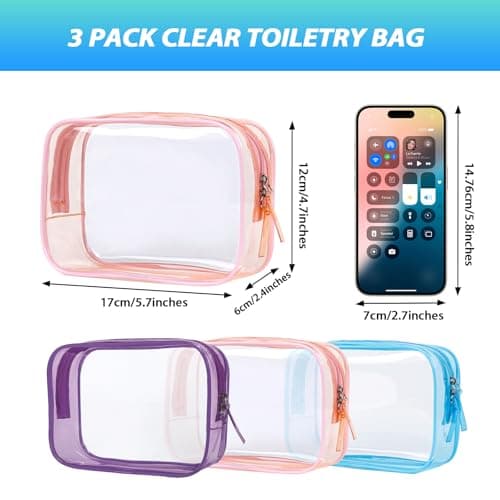 Sahunfri 3-Pack Clear Toiletry Bags Waterproof Gym & Weekend Trip Accessories Transparent PVC Cosmetic Organizers with Color Borders (Pink+Purple+Sky Blue) — view 6