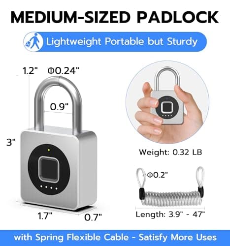 eLinkSmart Fingerprint Gym Locker Lock, Keyless Biometric Padlock, Weatherproof Electronic Digital Smart Combo Pad Lock for Outdoor Fence Gate Storage Fridge Helmet Ski Pool Shed (Silver, with Cable) — view 6
