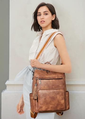 Shrrie Vegan Leather Backpack for Women Backpack Purse 15.6 inch Womens Laptop Backpack for College Travel Work-Two-toned Brown — view 2