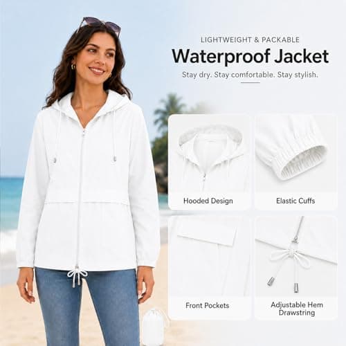 NWDEY Women's Lightweight Waterproof Jacket Ladies Packable Raincoat Hooded Windproof Rain Jacket Coat for Outdoor Travel (UK, Alpha, M, Regular, Regular, White) — view 3