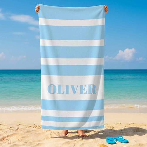 Print Maniacs Personalised Beach Towel Microfibre with Name Quick Dry Lightweight Stripe Design Large Travel Sand Free Holiday Pool Gym Spa Towels Custom Gift for Him Her