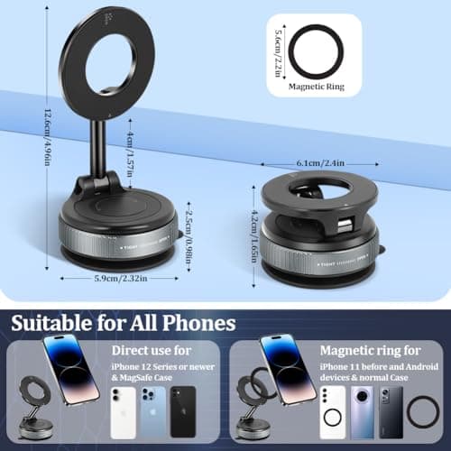 Ainiv Vacuum Magnetic Phone Holder for Car, 360° Rotatable Foldable Suction Phone Mount, Portable Strong Magnet Holder for iPhone 16 15 14 13 12 Pro Max on Windscreens, Mirror, Tiles, Smooth Surface — view 2