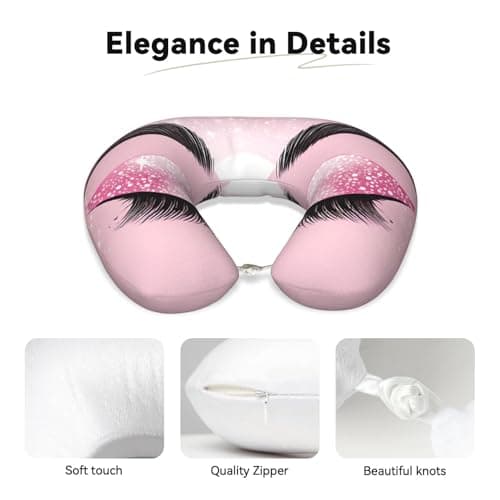 AUGUSTRUSH Memory Foam Neck Pillow - Travel Pillow With Adjustable Clasp, Removable Washable Cover For Airplane Office Car, Ergonomic Support Comfortable U-Shaped Pillow, Rose Gold Eyelashes Print — view 3