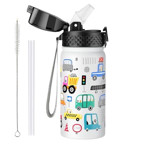 OLDLEY 420ml/14oz Kids Stainless Steel Water Bottle with Straw for School Insulated Metal Water Bottles Leakproof Reusable Double Wall Vacuum Small Flask Keep Drinks Hot Cold for Boys Girls (Car)