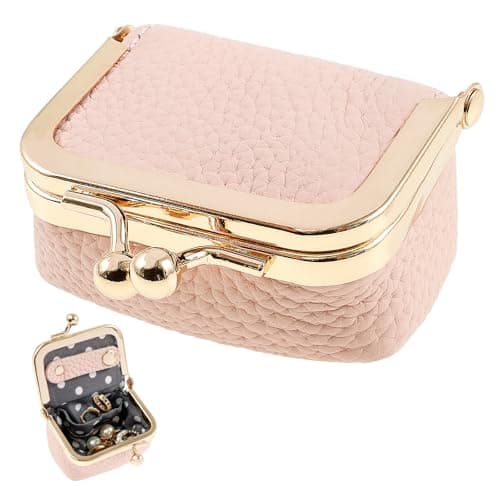 QINGLANG Genuine Leather Mini Jewelry Box with Kiss Lock Vintage Inspired Coin Purse Portable Small Jewelry Case Organizer Small Travel Ring Box for Girls Women(Pink)