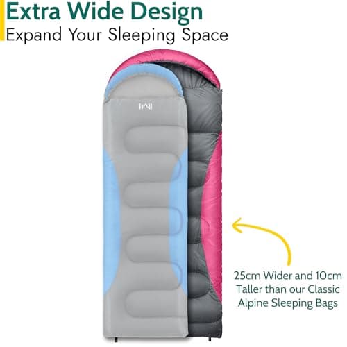Trail Alpine 250 XL Sleeping Bag with Hood (L230cm x W100cm), Large Extra Wide Envelope Sleeping Bag, 2 to 3 Season Camping, Lightweight, Water Resistant, Soft Polycotton Liner, Compression Bag (Blue) — view 2