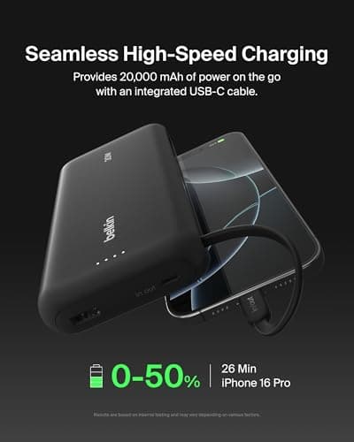 Belkin Portable Charger, Power Bank with Integrated Cable 20K PD 30W - Fast Charging USB-C Power Delivery, Portable Charger for iPhone 16 Series, iPad Pro, Galaxy S25 Series, and More - Black — view 2