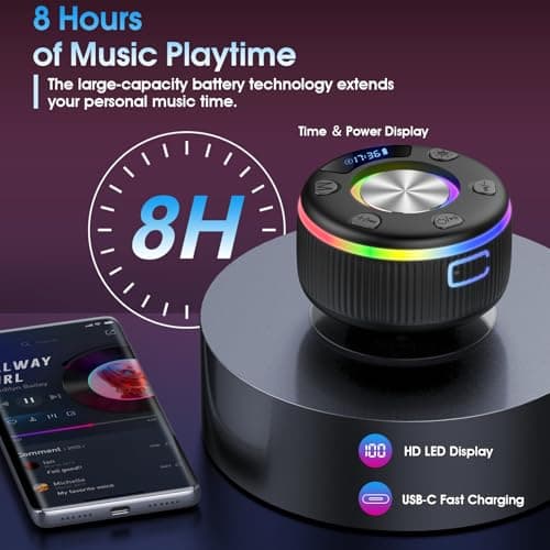 Bluetooth Shower Speaker, 2026 Portable wireless speakers with Led Light, IP7 Waterproof with Suction Cup, 8H Playtime, Stereo Bass, Time Display RGB Lights, Bulit-in Mic, Speaker for Bathroom, Travel — view 5
