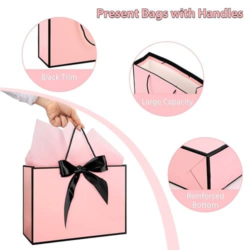 Vivantia Medium Gift Bags Set 3 Pack Pink Paper Gift Bag with Black Edge Greeting Cards Ribbons Tissue Papers Present Bags with Handles for Gift Wrapping Birthday Wedding Baby Shower — view 3