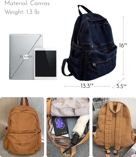 GAMLFL Canvas Backpack for Women Retro Aesthetic Rucksack Basic Backpack for High School/College Students Travel Laptop Bag, Dark Denim, 5.6 x 13.3 x 16.2 inches, Travel Backpacks — view 4