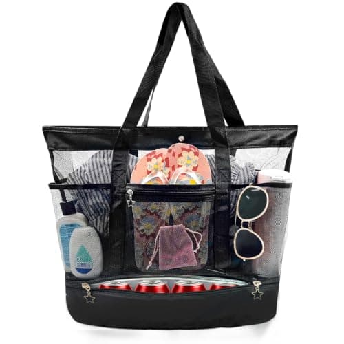 Daily Treasures Mesh Beach Bag with Cooler, 35L Large Travel Tote for Women, Sandproof Beach Tote Bag with Durable 9 Pockets, Extra Large Totes for Pool Cruise Travel Swimming, Vacation Essentials