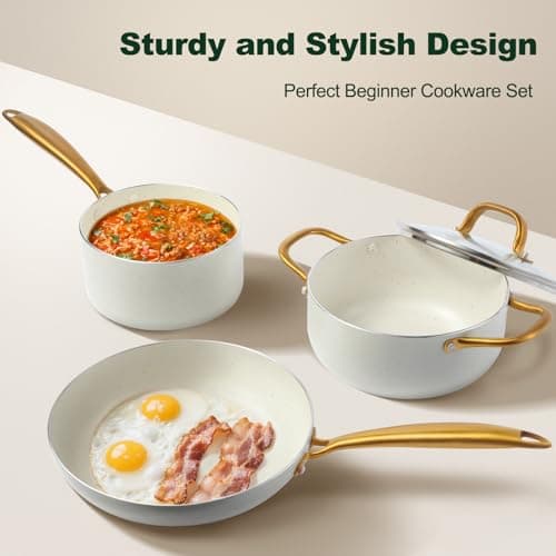 M MELENTA Pots and Pans Set Non Stick, 7-Piece Cream Induction Hob Pan Set — view 4