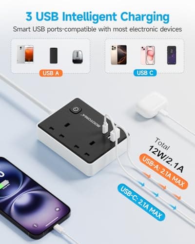 Black Extension Lead 1M with 3 USB Slots, 2 Gang Short Extension Lead — view 3