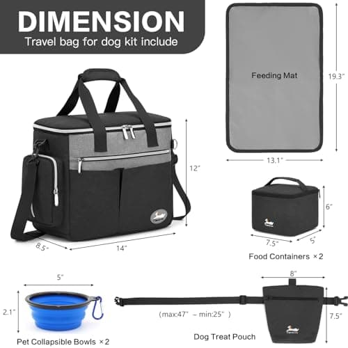TAIHOYIN Dog Travel Bag for Pet Kit Outdoor with 2 Food Bags + 2 Collapsible Bowls + Feeding Mat + Dog Treat Bum Pouch 7-Piece Set for Pet Accessories Organizer for Traveling Walking Camping, Black — view 6