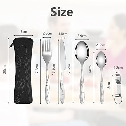 Vicloon Cutlery Set with Portable Pouch Case, 5PCS Stainless Steel Flatware Set with Bottle Opener, Travel Cutlery Set Spoon Knife and Fork for Camping Picnic Office School Lunch (Black) — view 2