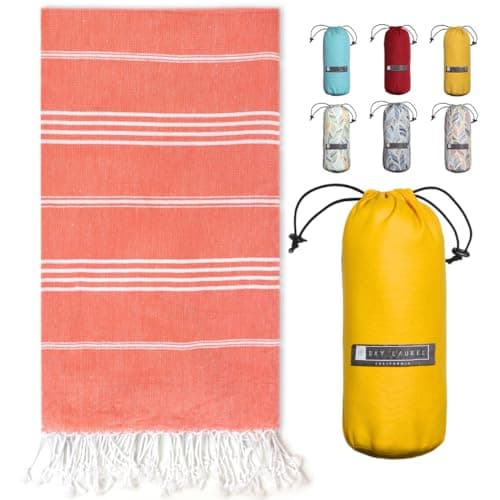 BAY LAUREL Turkish Beach Towel with Travel Bag 39 x 71 Quick Dry Sand Free Lightweight Large Oversized Towels Light (Orange with Yellow Bag)