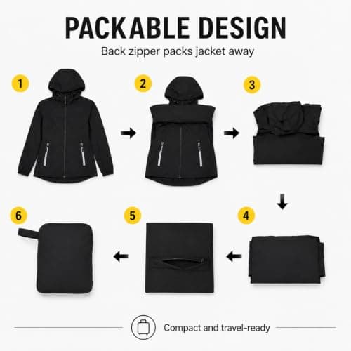 Women's Lightweight Packable Waterproof Jacket, Hooded Windproof Raincoat with Adjustable Hood and 2 Waterproof Zip Pockets for Hiking, Travel, Running (UK, Alpha, S, Regular, Regular, Black) — view 4