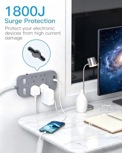 Gray Extension Lead 1.8M, 4 Way Plug Extension with 4 USB Slots(2 USB C) — view 3