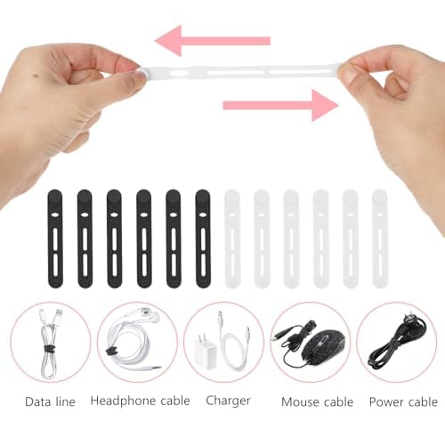 Molain Reusable Cable Ties, 20Pcs Adjustable Silicone Multifunctional Cable Straps Wire Organizer for Charging Cords Earphone Computer Wire Desk Cable Management Travel Accessories(Black+White) — view 6