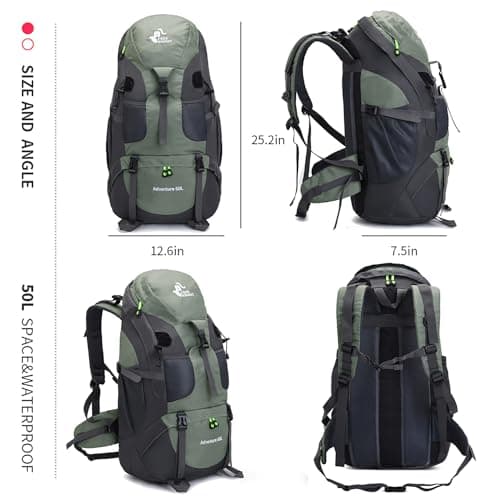 Bseash 50L Hiking Backpack, Water Resistant Lightweight Outdoor Sport Daypack Travel Bag for Camping Climbing Touring (Army Green - With Shoe Compartment) — view 2