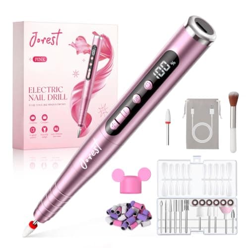 JOREST Cordless Electric Nail Drill, 13-in-1 Nail File Kit with LED Display, 35,000 RPM 6-Speed Rechargeable Manicure Tool for Acrylic Gel Nails, with Bits & Sanding Bands for Beginners, Rose Pink