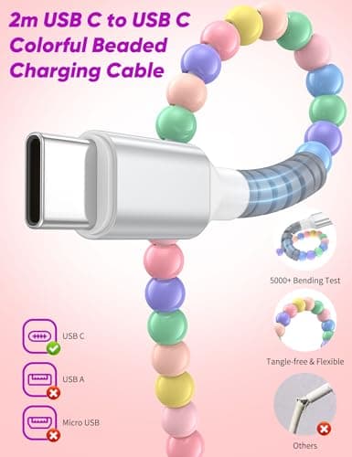 ACOCOBUY USB C to USB C Cable 2m Cute Beaded Phone Charger Cable Colorful — view 3