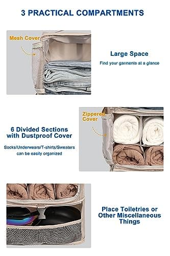 ELEZAY Hanging Packing Cubes Portable Closet 3-Shelf Travel Collapsible Compression Garment Organiser for Carry-on Luggage Suitcase Space Saver Bag X-Large_No Side Pockets, Beige — view 3
