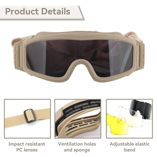 equlup Outdoor Windproof Goggles, Desert Goggles Windproof Glasses Khaki Sandproof Goggles with 2 Lens for Men Women Motorcycle Ski Cycling — view 3