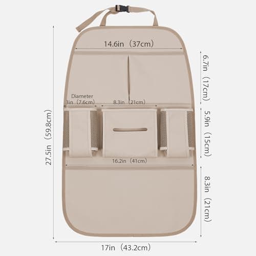 pefirst Car Backseat Organizer for Kids, Car Back Seat Storage Bag With 3 Pockets, 2 Drinks Holders, Water Resistant, Kids Toy Storage Kick Mat Back Seat Protector for Toddlers (Beige 1-Pack) — view 3
