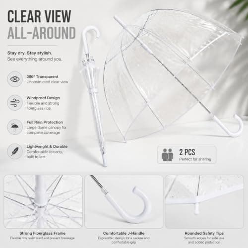 2 Pcs White Clear Bubble Umbrella Transparent Dome Rain Umbrella Windproof See Through Canopy Fiberglass Frame Large Coverage Wedding Photography Prom Graduation Outdoor Events Travel Men Women, White — view 2