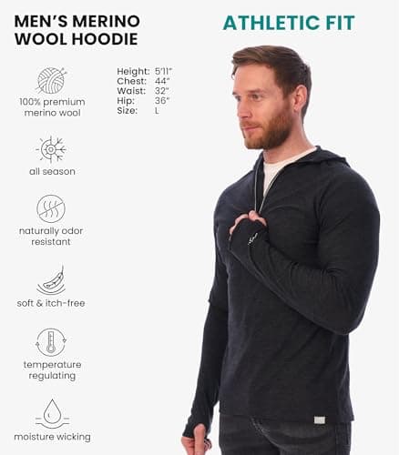 100% Merino Wool Base Layer Men Lightweight Hoodie, Merino Wool Long Sleeve (Charcoal Grey, L) — view 2
