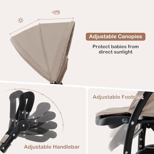 COSTWAY Double Pushchair, Foldable Twin Tandem Stroller with Adjustable Backrest, Push Handle & Footrest, 5 Points Safety Belts, Sunshade, Storage Basket, for from Birth to 15kg (Khaki) — view 3