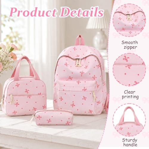 3-Piece Bow School Bag Set, Adorable Bow Bag, Pink Girls Backpack for School, Polyester Backpack + Lunch Bag + Pencil Case, for Teens Students Daily Use, Commute Travel Hiking Camping — view 2