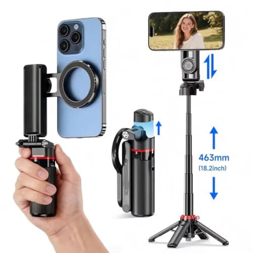 Mini Magnetic Selfie Stick Tripod,18.2" Extendable Phone Mount for MagSafe, 360°Rotation Travel Stand with Rechargeable Remote&Hand Grip Mode, Compatible with iPhone&Android,Video Recording — view 3