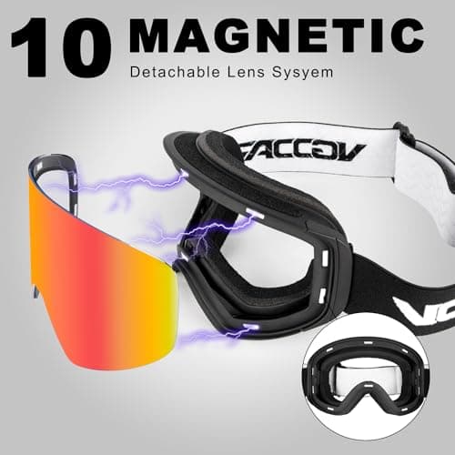 Vgooar OTG Ski Goggles with Magnetic Detachable Lens, Frameless Cylindrical Lens Ski Goggles - Anti-Fog and UV400 Protection Skiing Goggles for Men and Women(Red) — view 2