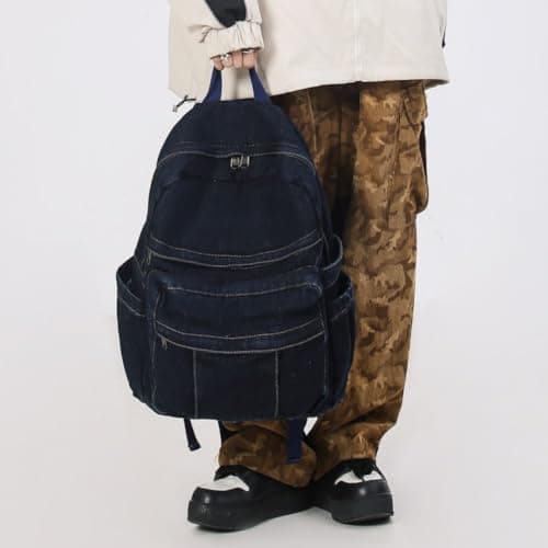 GAMLFL Canvas Backpack for Women Retro Aesthetic Rucksack Basic Backpack for High School/College Students Travel Laptop Bag, Dark Denim, 5.6 x 13.3 x 16.2 inches, Travel Backpacks — view 2