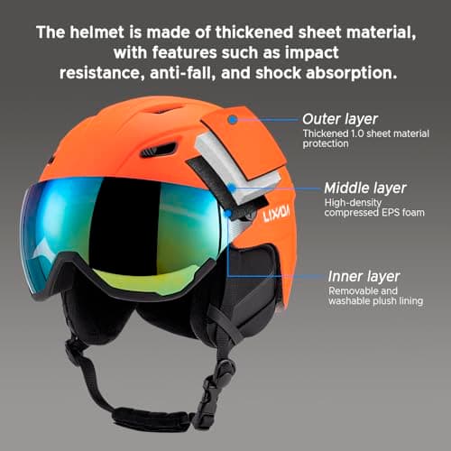 SHUAIGUO Integrated Ski Helmet Men and Women Snowboard Helmet with Removable Visor Goggles(Orange) — view 3