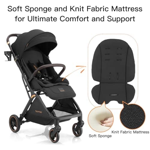 Gromast Gravity Folding Baby Stroller - Portable Travel Toddler Stroller w/Adjustable Backrest, Canopy & Cup Holder, Lightweight and UV Protected, One-Hand Automatic Folding - Black — view 4